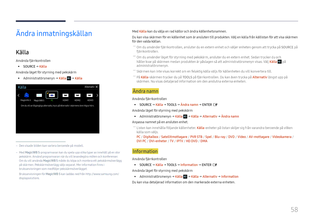 Samsung LH65DMEXTBC/EN manual Ändra inmatningskällan, Källa, Ändra namn, Information 