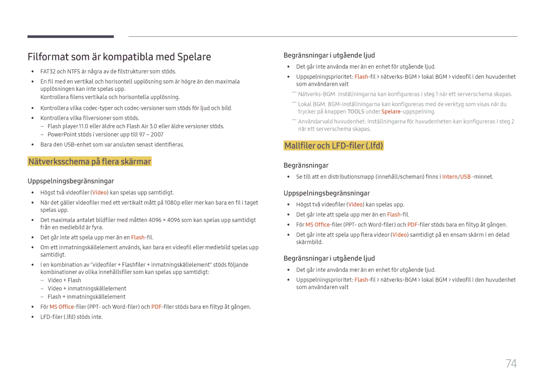 Samsung LH65DMEXTBC/EN manual Filformat som är kompatibla med Spelare, Nätverksschema på flera skärmar 