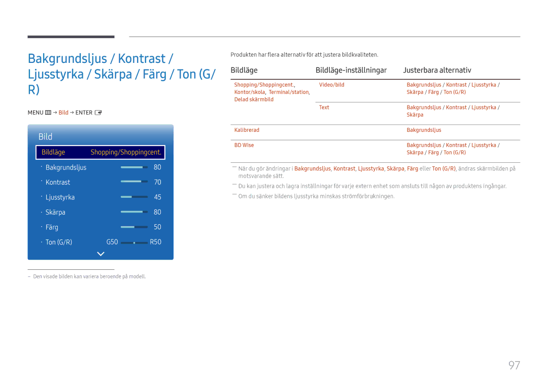 Samsung LH65DMEXTBC/EN manual Bakgrundsljus / Kontrast, Bildläge Bildläge-inställningar Justerbara alternativ 