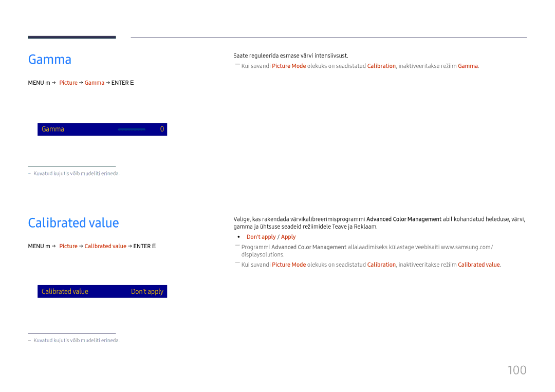 Samsung LH65DMEXTBC/EN manual Gamma, 100, Menu m → Picture → Calibrated value → Enter E, Dont apply / Apply 