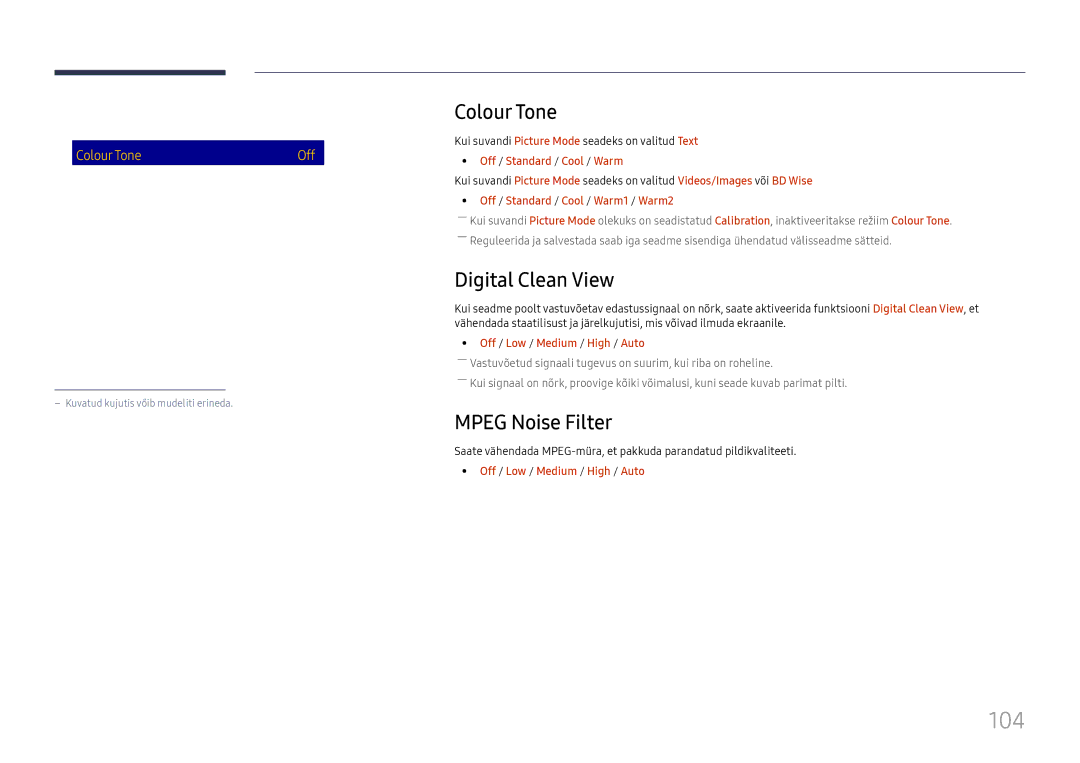 Samsung LH65DMEXTBC/EN manual 104, Colour Tone, Digital Clean View, Mpeg Noise Filter 