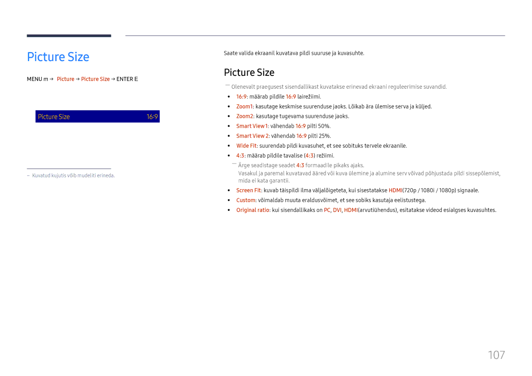 Samsung LH65DMEXTBC/EN manual Picture Size, 107, · Position Resolution Off 