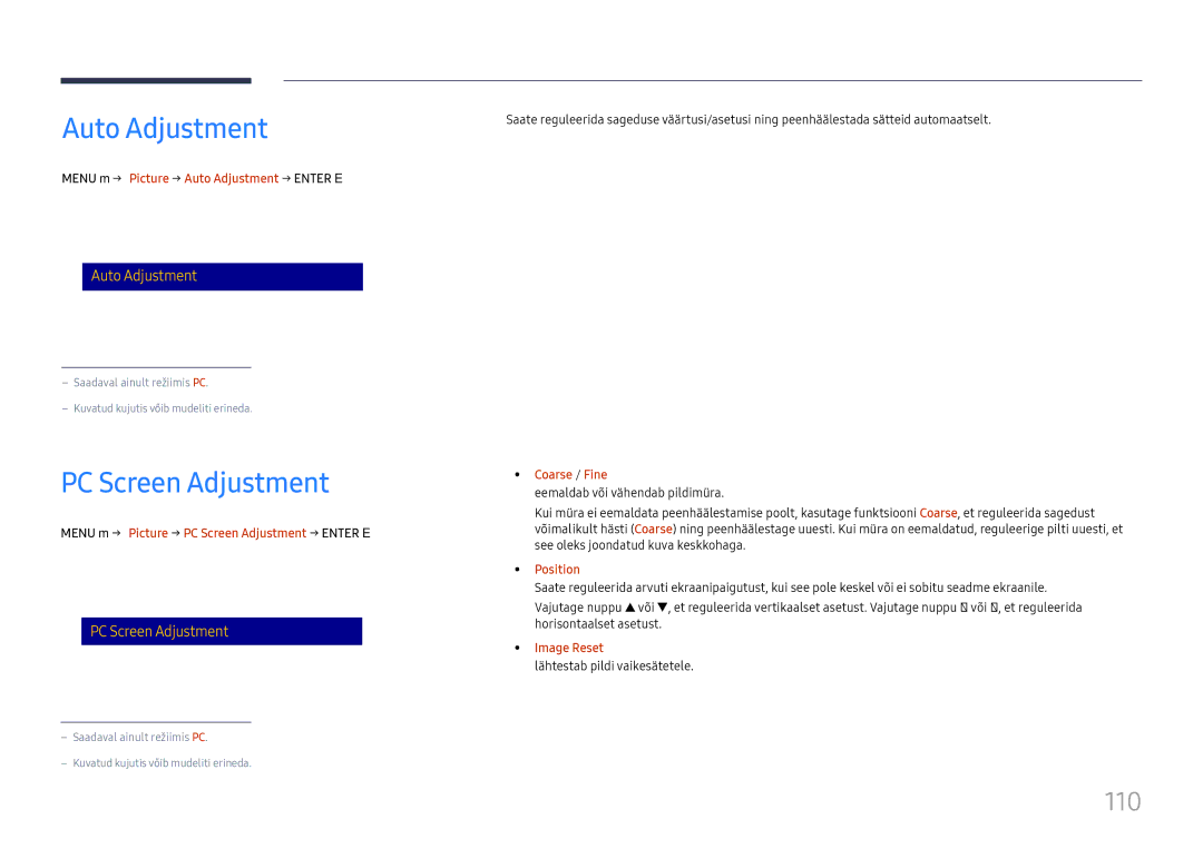 Samsung LH65DMEXTBC/EN manual Auto Adjustment, PC Screen Adjustment, 110 