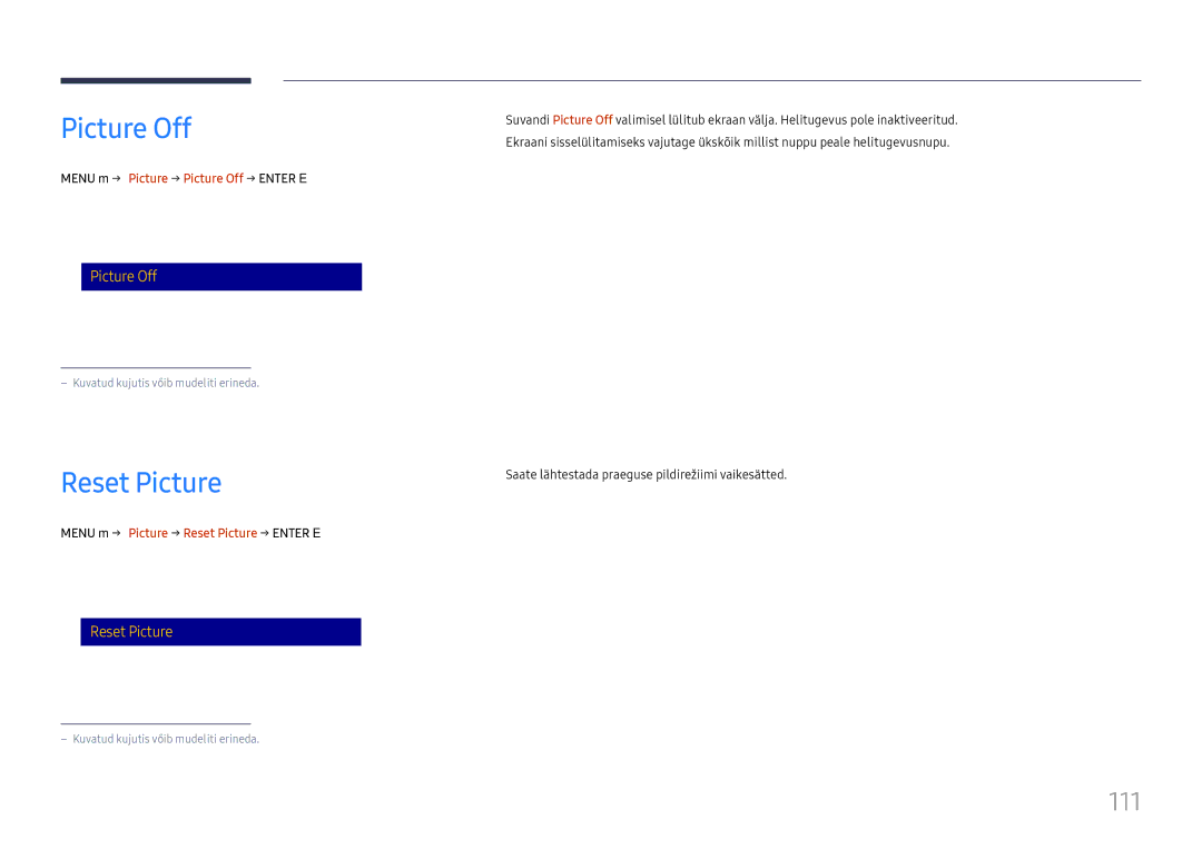 Samsung LH65DMEXTBC/EN manual Reset Picture, 111, Menu m → Picture → Picture Off → Enter E 