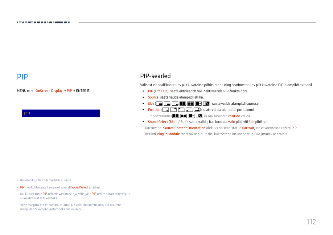 Samsung LH65DMEXTBC/EN manual 112, PIP-seaded, Reset OnScreen Display 