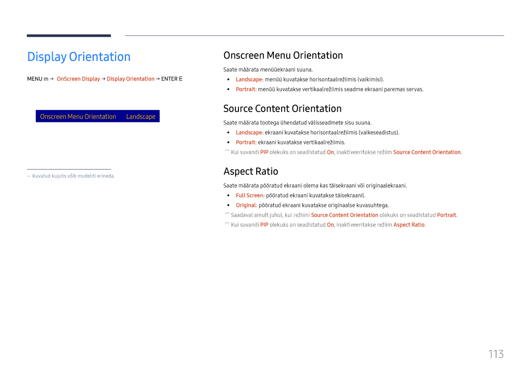 Samsung LH65DMEXTBC/EN manual Display Orientation, 113, Onscreen Menu Orientation, Source Content Orientation, Aspect Ratio 