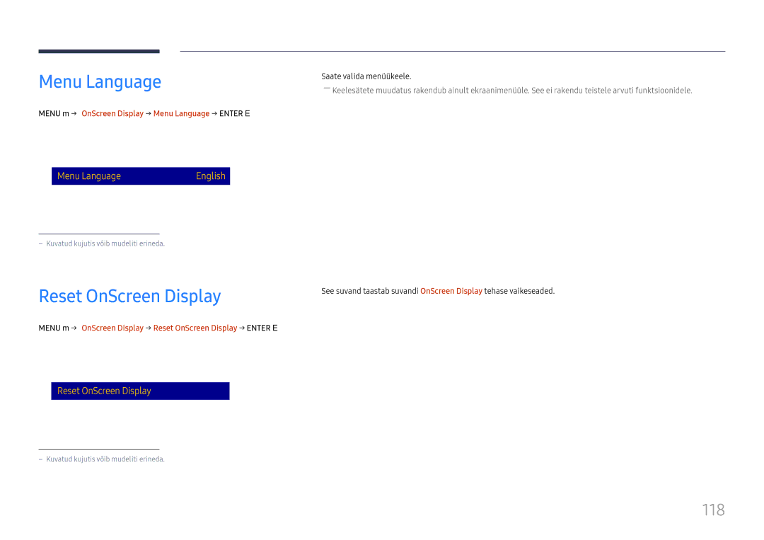 Samsung LH65DMEXTBC/EN manual Reset OnScreen Display, 118, Menu m → OnScreen Display → Menu Language → Enter E 