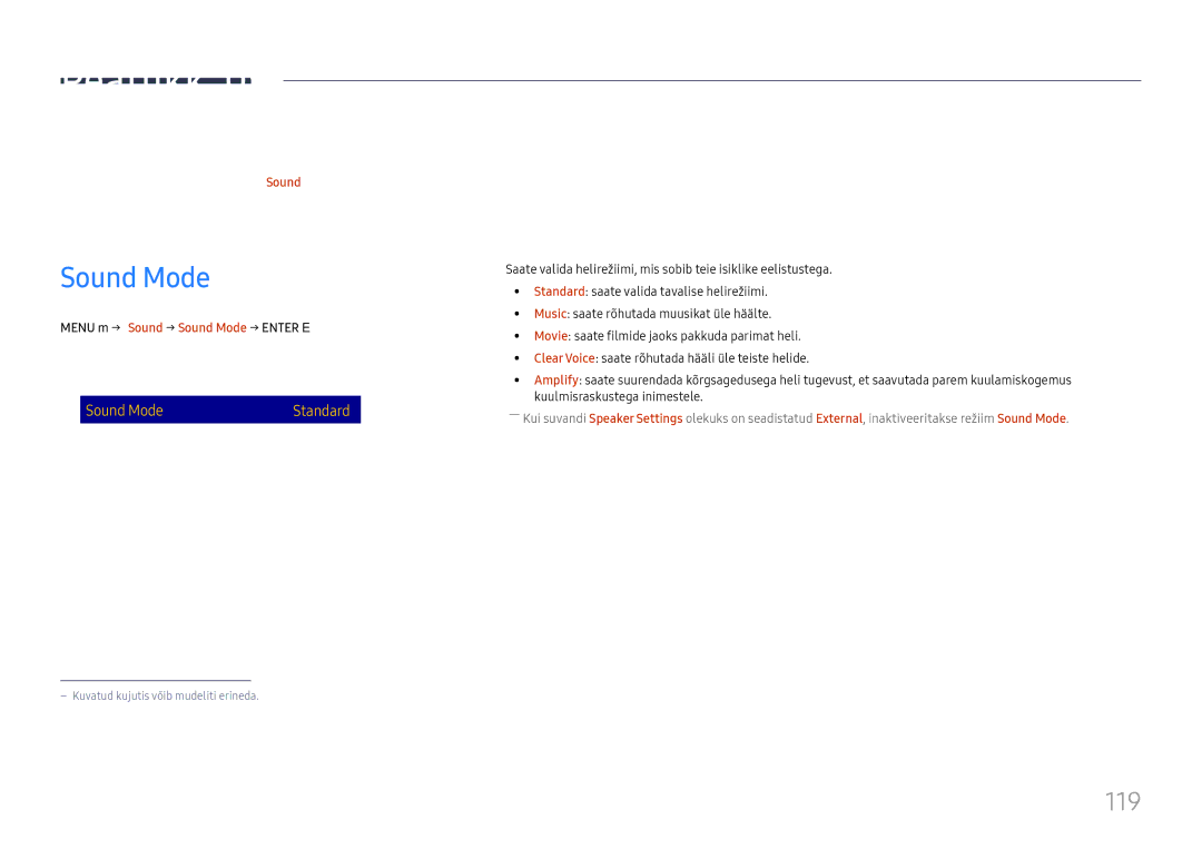 Samsung LH65DMEXTBC/EN manual Heli reguleerimine, Sound Mode, 119 