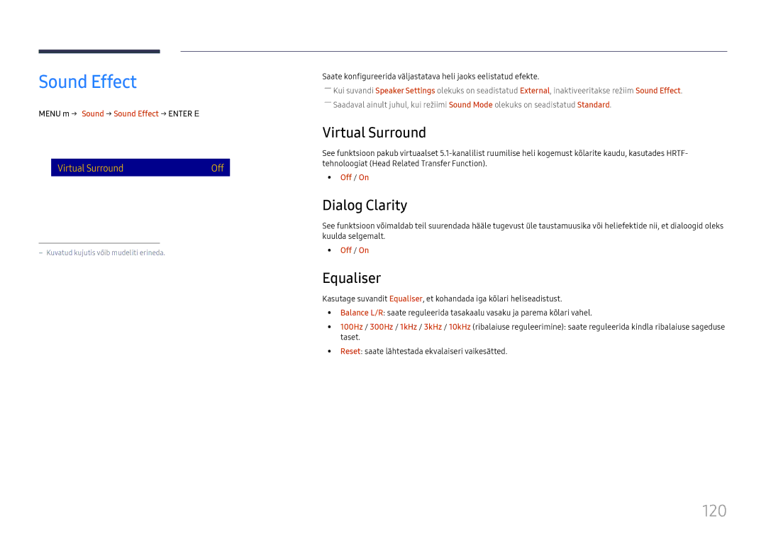 Samsung LH65DMEXTBC/EN manual Sound Effect, 120, Virtual Surround, Dialog Clarity, Equaliser 