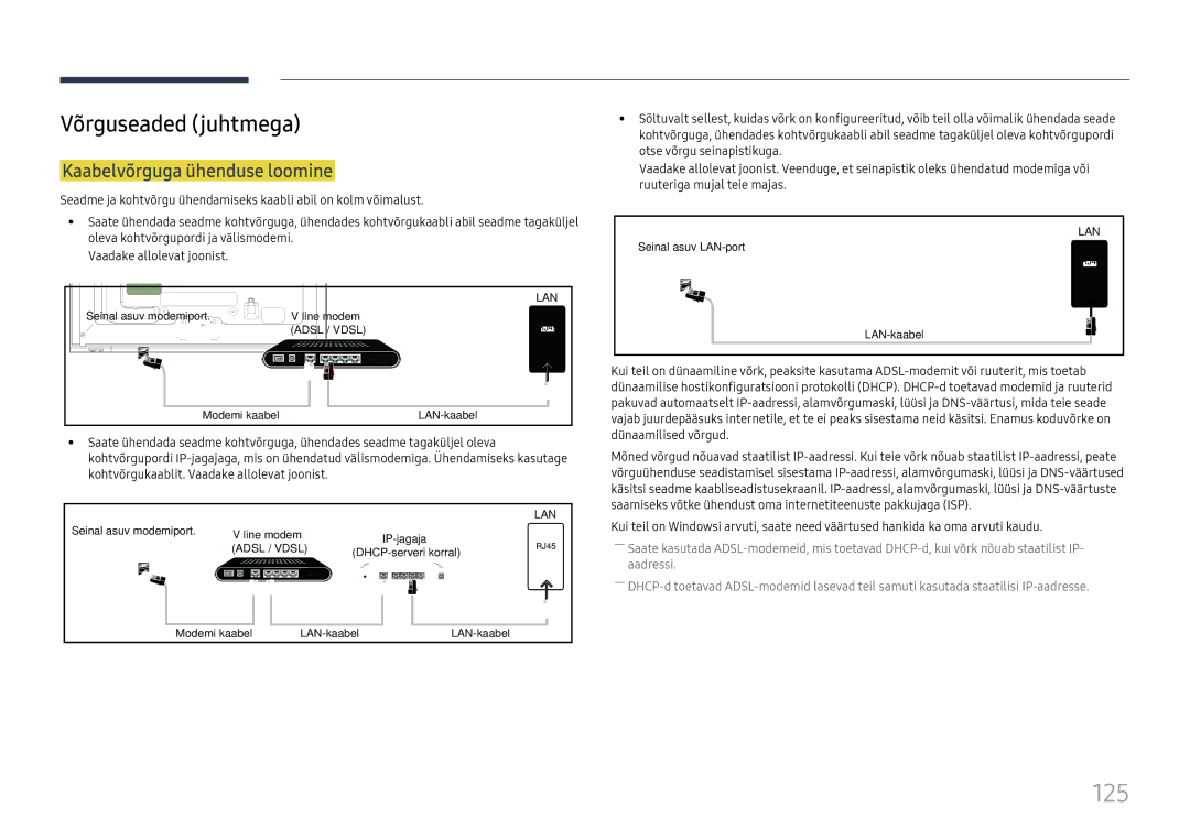 Samsung LH65DMEXTBC/EN manual 125, Võrguseaded juhtmega, Kaabelvõrguga ühenduse loomine 