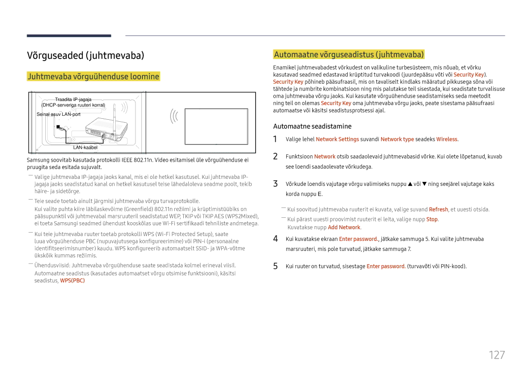 Samsung LH65DMEXTBC/EN 127, Võrguseaded juhtmevaba, Juhtmevaba võrguühenduse loomine, Automaatne võrguseadistus juhtmevaba 