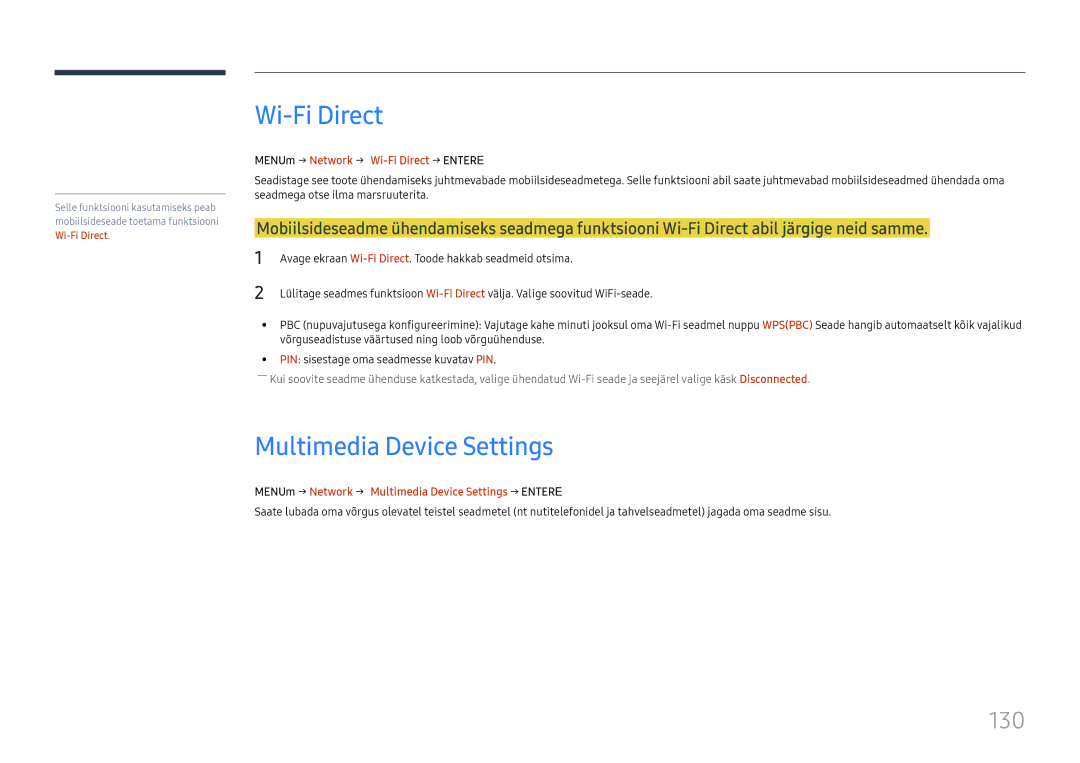 Samsung LH65DMEXTBC/EN manual Multimedia Device Settings, 130, MENUm → Network → Wi-Fi Direct → Entere 