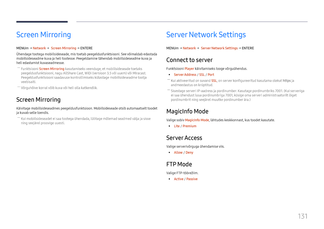 Samsung LH65DMEXTBC/EN manual Screen Mirroring, Server Network Settings, 131 