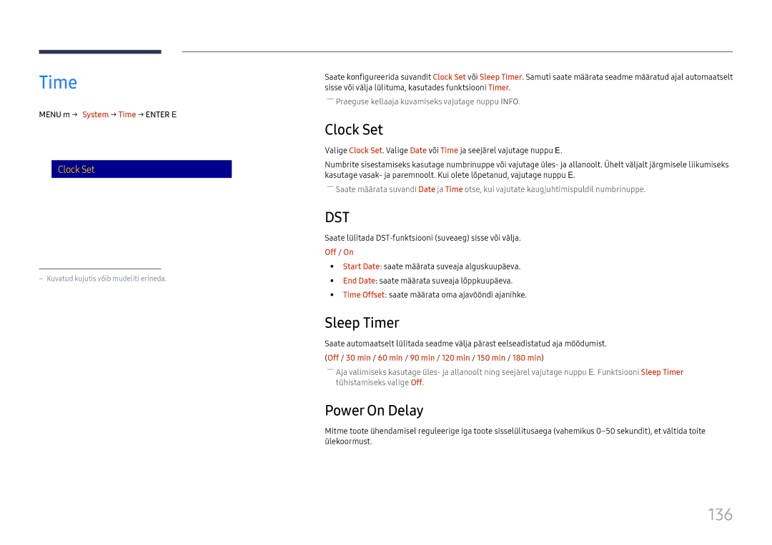 Samsung LH65DMEXTBC/EN manual 136, Clock Set, Sleep Timer, Power On Delay 