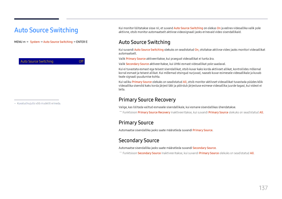 Samsung LH65DMEXTBC/EN manual Auto Source Switching, 137 