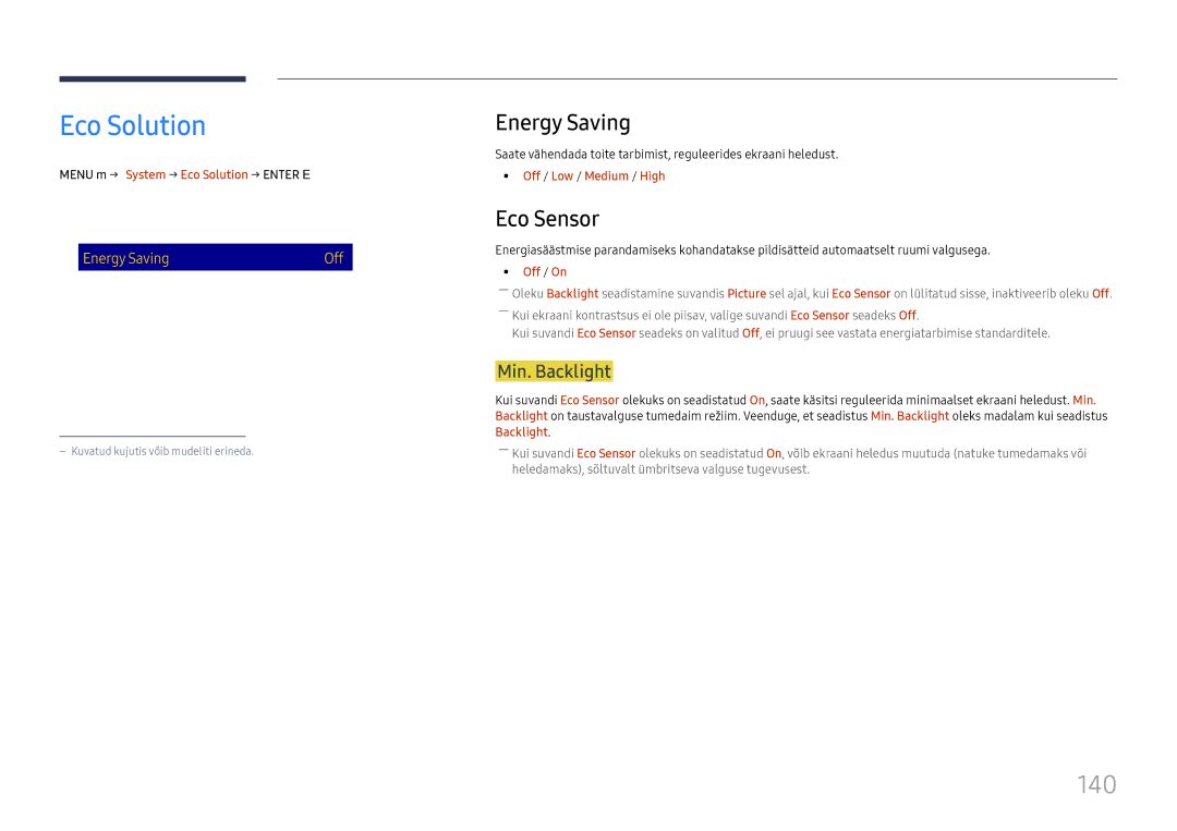 Samsung LH65DMEXTBC/EN manual Eco Solution, 140, Energy Saving, Eco Sensor 