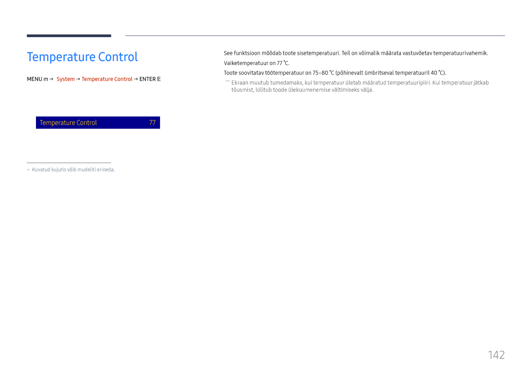 Samsung LH65DMEXTBC/EN manual 142, Menu m → System → Temperature Control → Enter E 