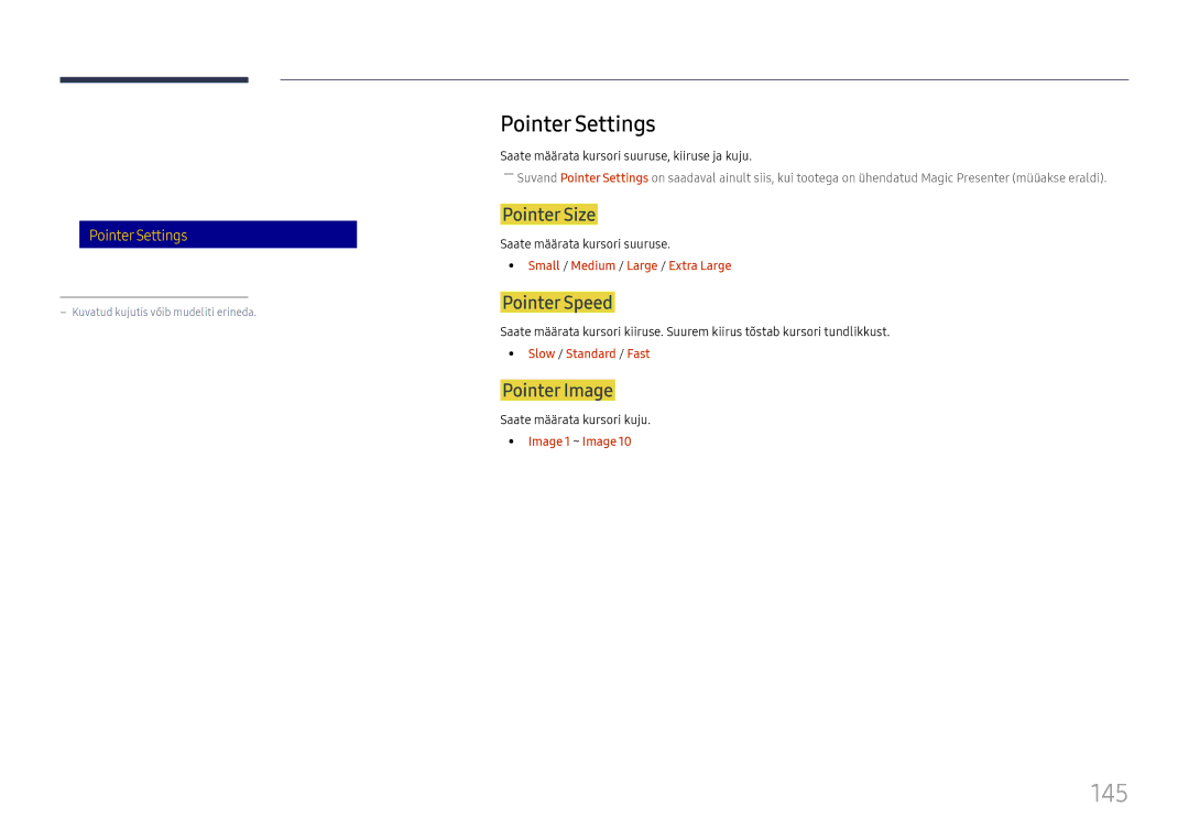 Samsung LH65DMEXTBC/EN manual 145, Pointer Settings, Pointer Size, Pointer Speed, Pointer Image 