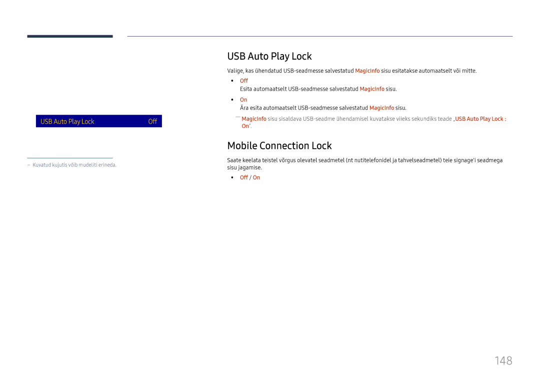 Samsung LH65DMEXTBC/EN manual 148, USB Auto Play Lock, Mobile Connection Lock, Safety Lock 