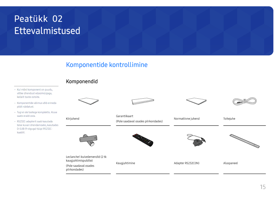 Samsung LH65DMEXTBC/EN manual Ettevalmistused, Komponentide kontrollimine, Komponendid 