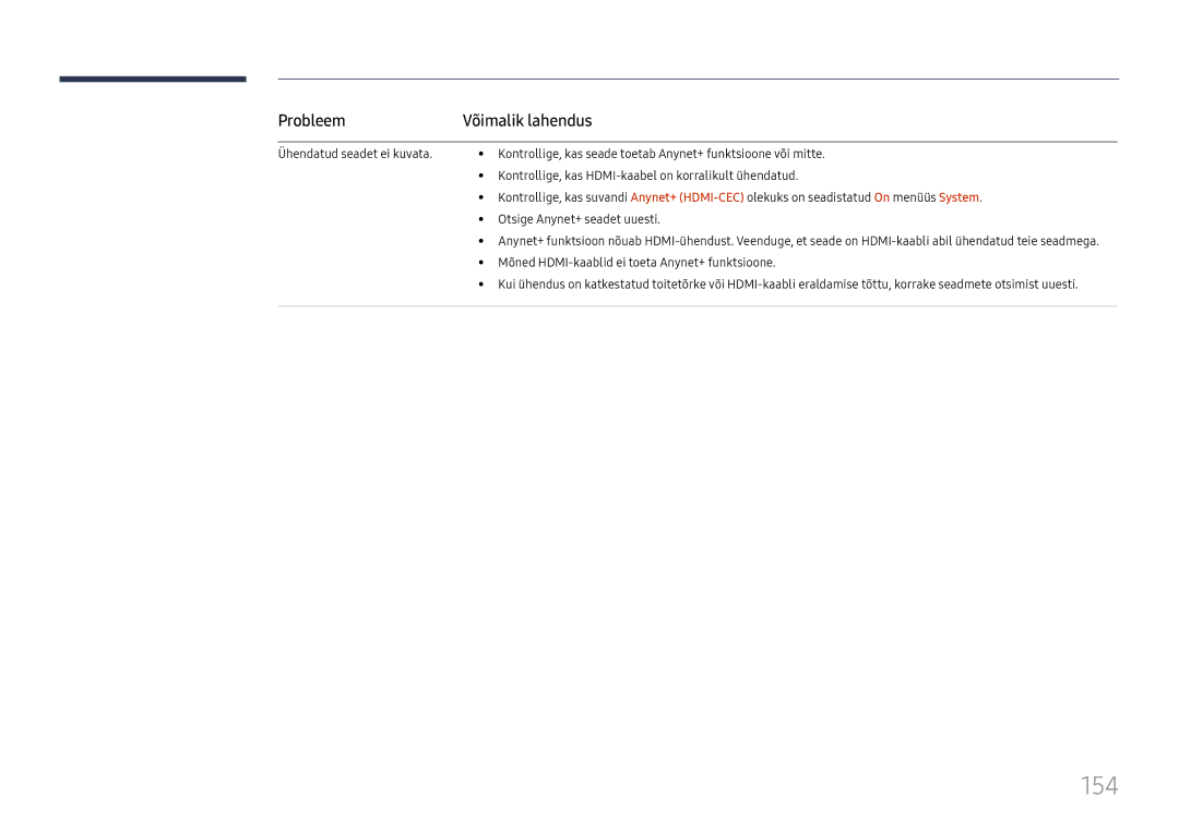 Samsung LH65DMEXTBC/EN manual 154, Mõned HDMI-kaablid ei toeta Anynet+ funktsioone 