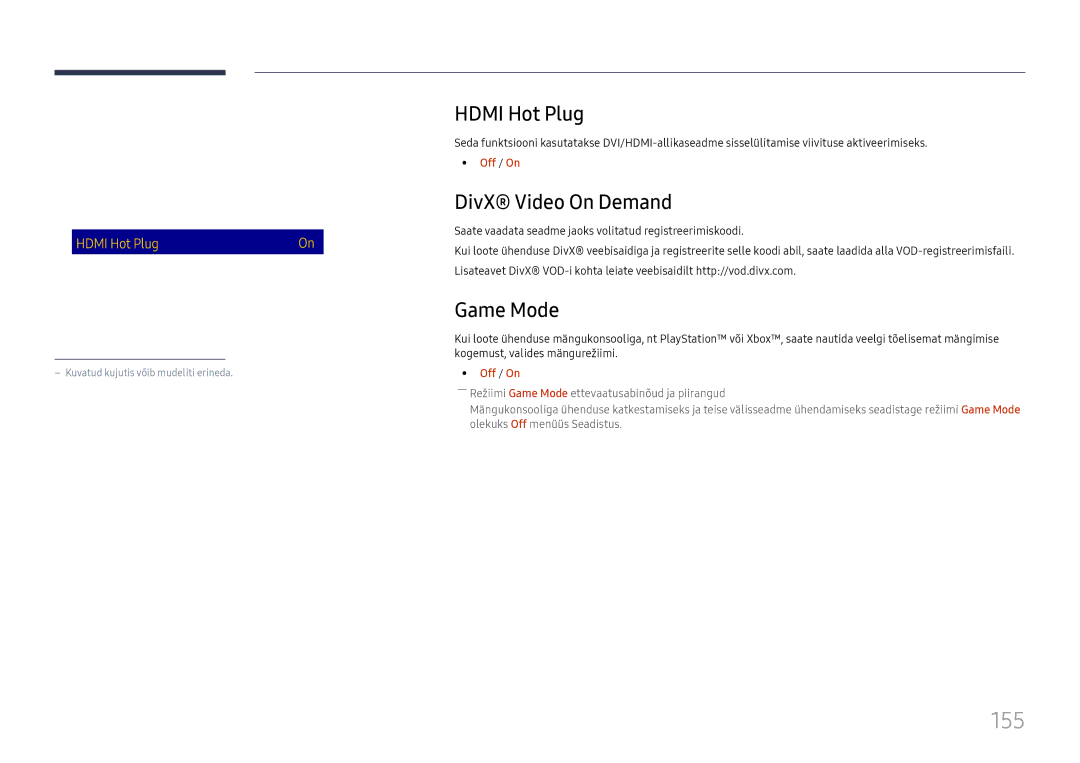 Samsung LH65DMEXTBC/EN manual 155, Hdmi Hot Plug, DivX Video On Demand, Game Mode 