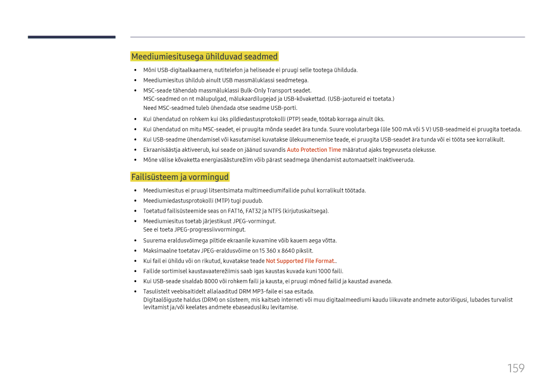 Samsung LH65DMEXTBC/EN manual 159, Meediumiesitusega ühilduvad seadmed, Failisüsteem ja vormingud 