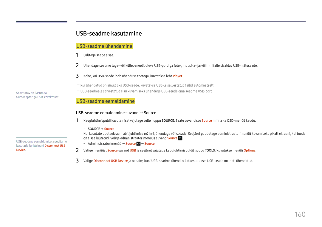 Samsung LH65DMEXTBC/EN manual 160, USB-seadme kasutamine, USB-seadme ühendamine, USB-seadme eemaldamine 