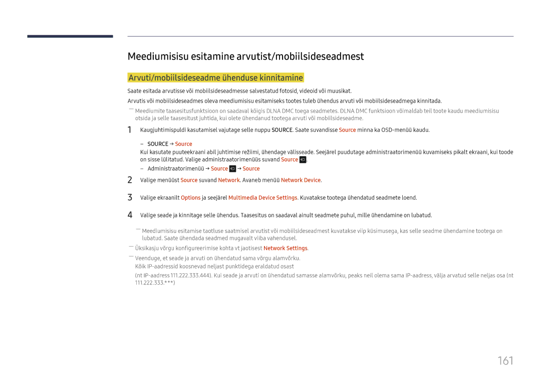 Samsung LH65DMEXTBC/EN manual 161, Meediumisisu esitamine arvutist/mobiilsideseadmest 