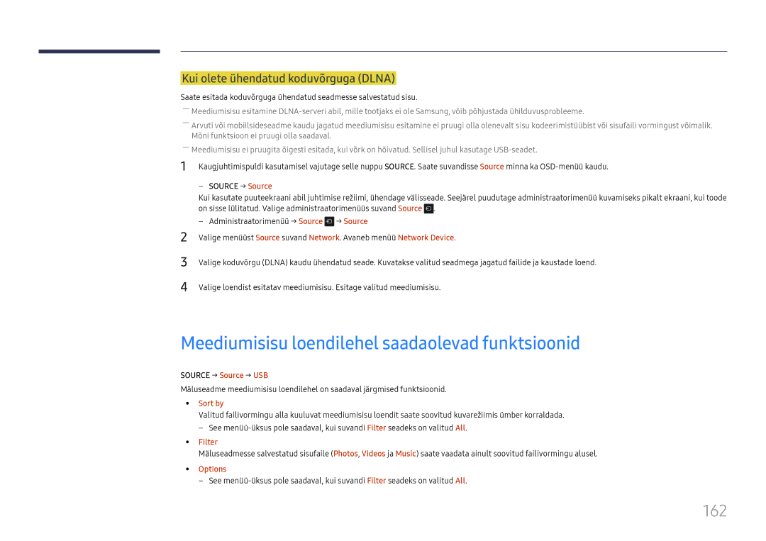 Samsung LH65DMEXTBC/EN manual Meediumisisu loendilehel saadaolevad funktsioonid, 162, Kui olete ühendatud koduvõrguga Dlna 