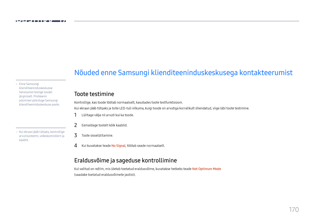 Samsung LH65DMEXTBC/EN manual Tõrkeotsingu juhend, 170, Toote testimine, Eraldusvõime ja sageduse kontrollimine 