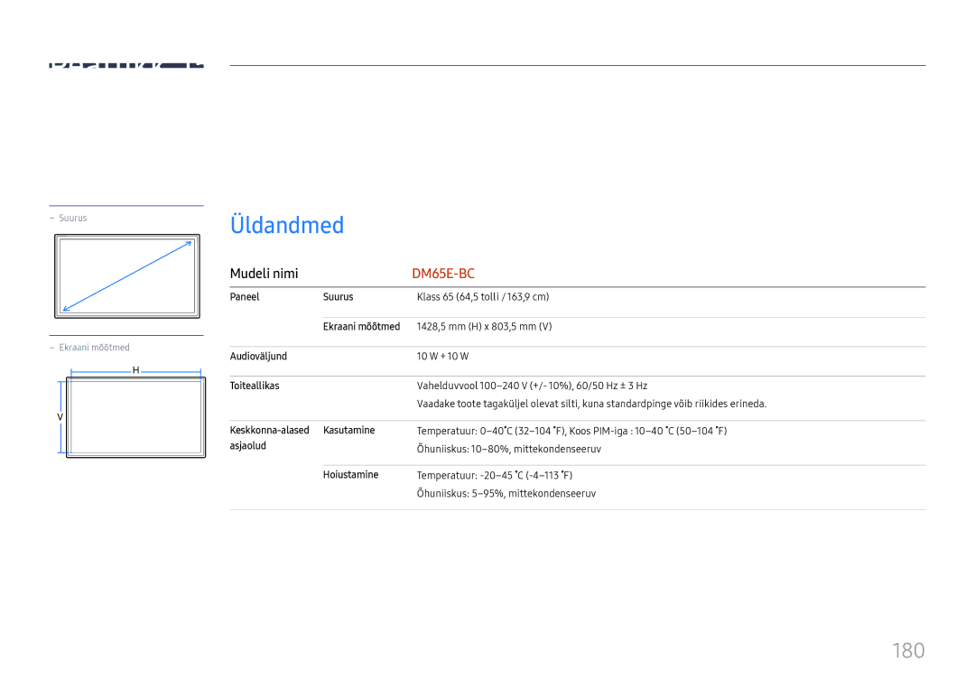 Samsung LH65DMEXTBC/EN manual Tehnilised andmed, Üldandmed, 180 