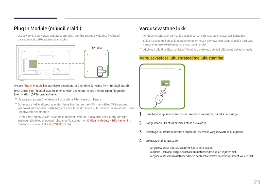 Samsung LH65DMEXTBC/EN manual Plug In Module müügil eraldi, Vargusevastane lukk, Vargusevastase lukustusseadme lukustamine 