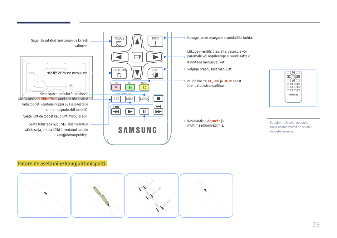 Samsung LH65DMEXTBC/EN manual Patareide asetamine kaugjuhtimispulti, Valimine 