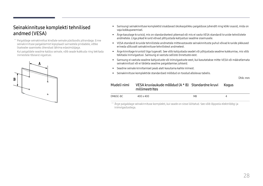 Samsung LH65DMEXTBC/EN manual Seinakinnituse komplekti tehnilised andmed Vesa, Mudeli nimi, Millimeetrites 