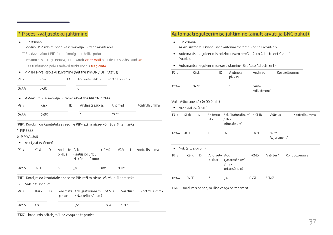 Samsung LH65DMEXTBC/EN manual PIP sees-/väljasoleku juhtimine, Automaatreguleerimise juhtimine ainult arvuti ja BNC puhul 