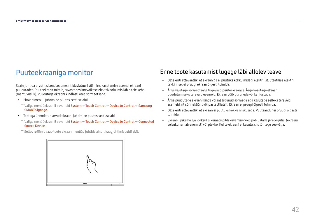 Samsung LH65DMEXTBC/EN manual Puuteekraaniga monitori kasutamine, Enne toote kasutamist lugege läbi allolev teave 