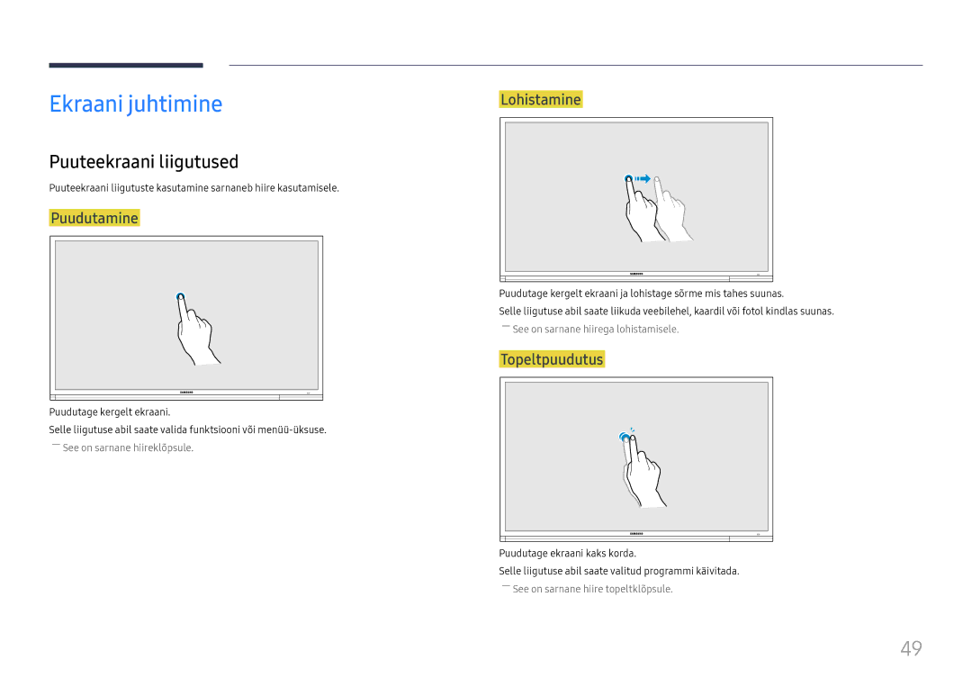 Samsung LH65DMEXTBC/EN manual Ekraani juhtimine, Puuteekraani liigutused, Puudutamine, Lohistamine, Topeltpuudutus 