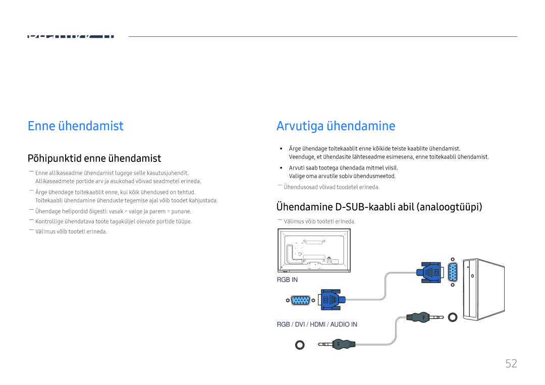 Samsung LH65DMEXTBC/EN manual Allikaseadme ühendamine ja kasutamine, Enne ühendamist, Arvutiga ühendamine 