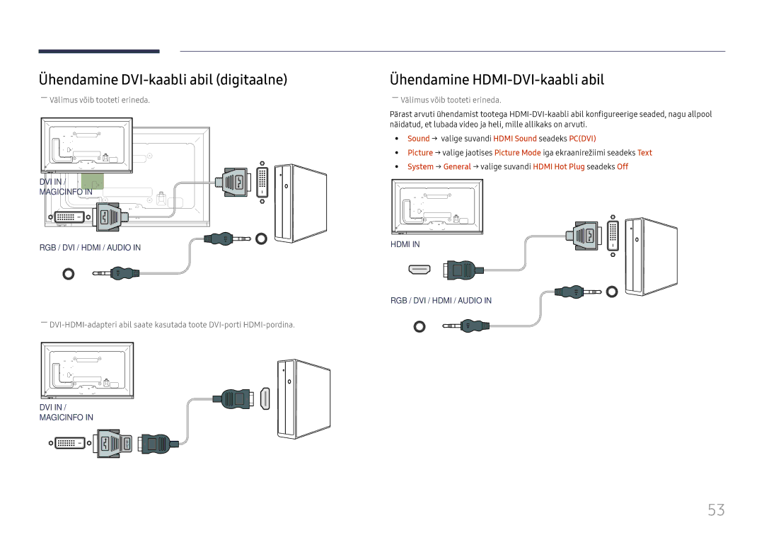 Samsung LH65DMEXTBC/EN manual Ühendamine DVI-kaabli abil digitaalne, Ühendamine HDMI-DVI-kaabli abil 