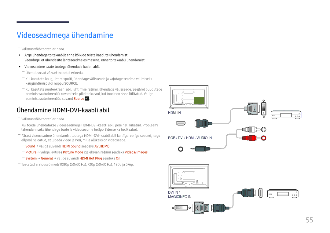 Samsung LH65DMEXTBC/EN manual Videoseadmega ühendamine, ――Sound → valige suvandi Hdmi Sound seadeks Avhdmi 