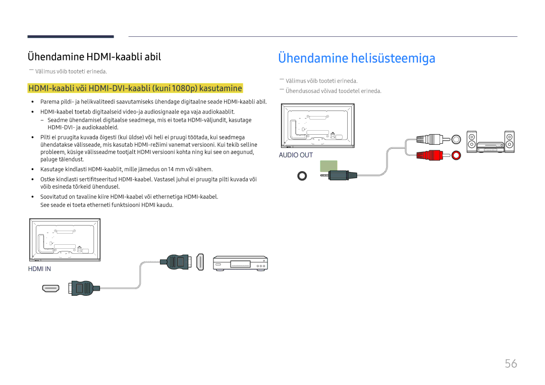 Samsung LH65DMEXTBC/EN manual Ühendamine helisüsteemiga, HDMI-kaabli või HDMI-DVI-kaabli kuni 1080p kasutamine 