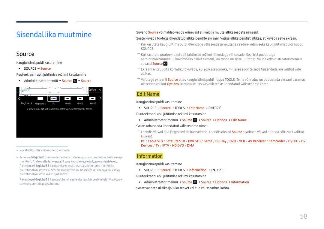 Samsung LH65DMEXTBC/EN manual Sisendallika muutmine, Source, Edit Name, Information 