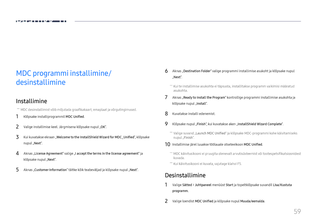 Samsung LH65DMEXTBC/EN manual MDC kasutamine, Desinstallimine, Programm 