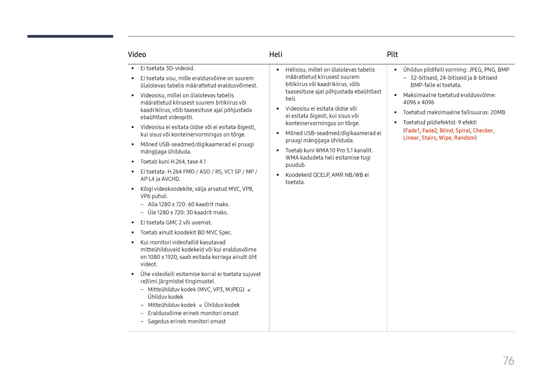 Samsung LH65DMEXTBC/EN manual Video Heli, Pilt, Ei toetata 3D-videoid 