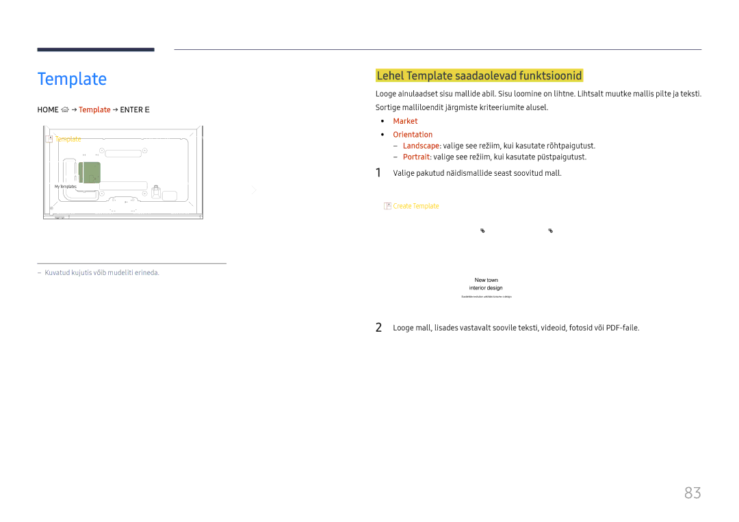 Samsung LH65DMEXTBC/EN manual Lehel Template saadaolevad funktsioonid, Home → Template → Enter E, Market Orientation 