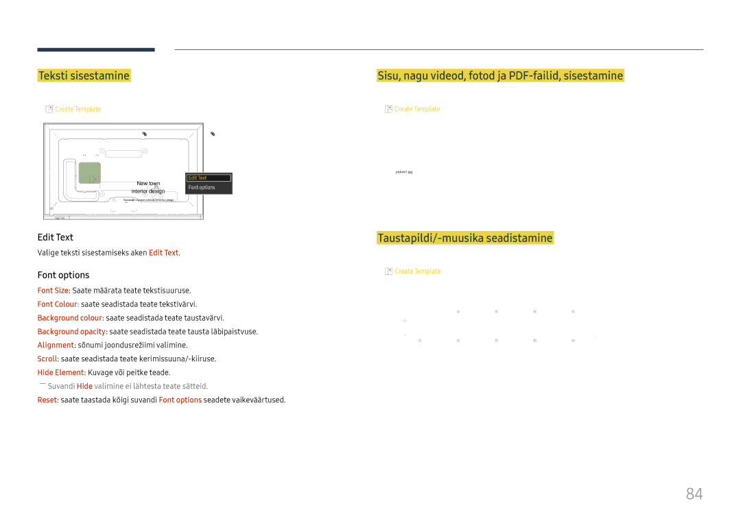 Samsung LH65DMEXTBC/EN manual Teksti sisestamine, Taustapildi/-muusika seadistamine, Edit Text, Font options 