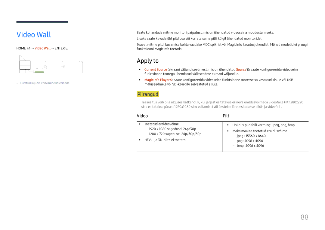 Samsung LH65DMEXTBC/EN manual Apply to, Home → Video Wall → Enter E 