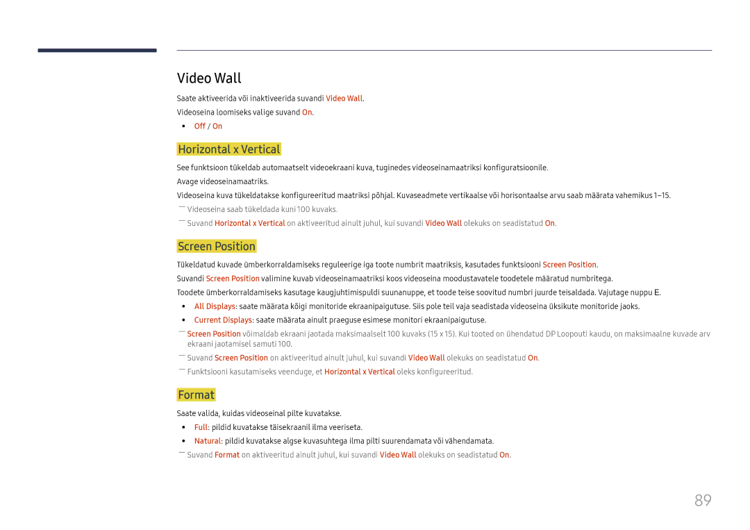Samsung LH65DMEXTBC/EN manual Video Wall, Horizontal x Vertical, Screen Position, Format, Off / On 