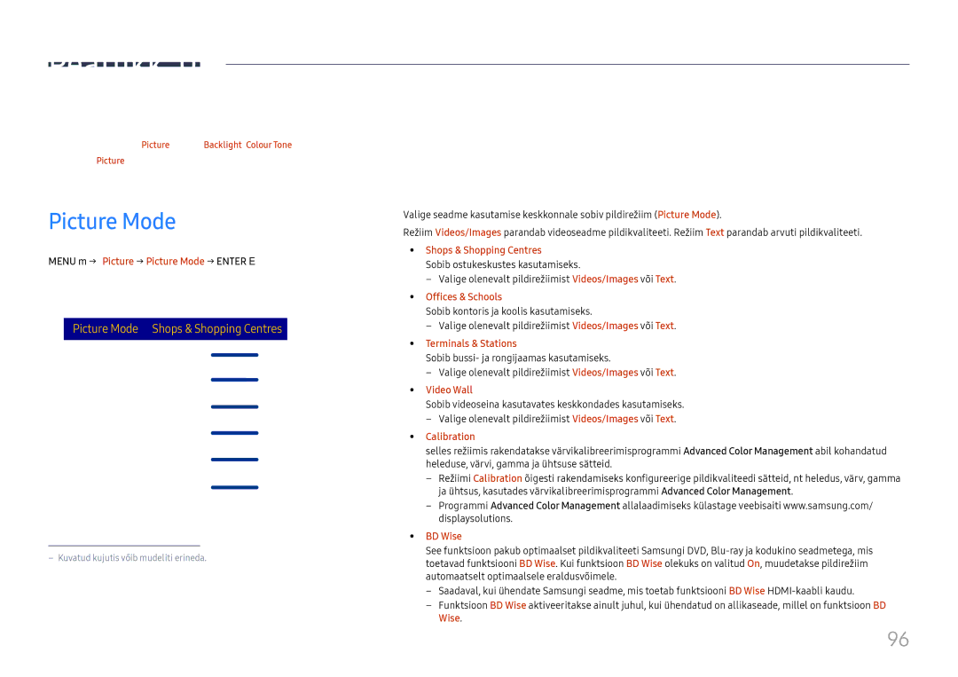 Samsung LH65DMEXTBC/EN manual Ekraani reguleerimine, Menu m → Picture → Picture Mode → Enter E 